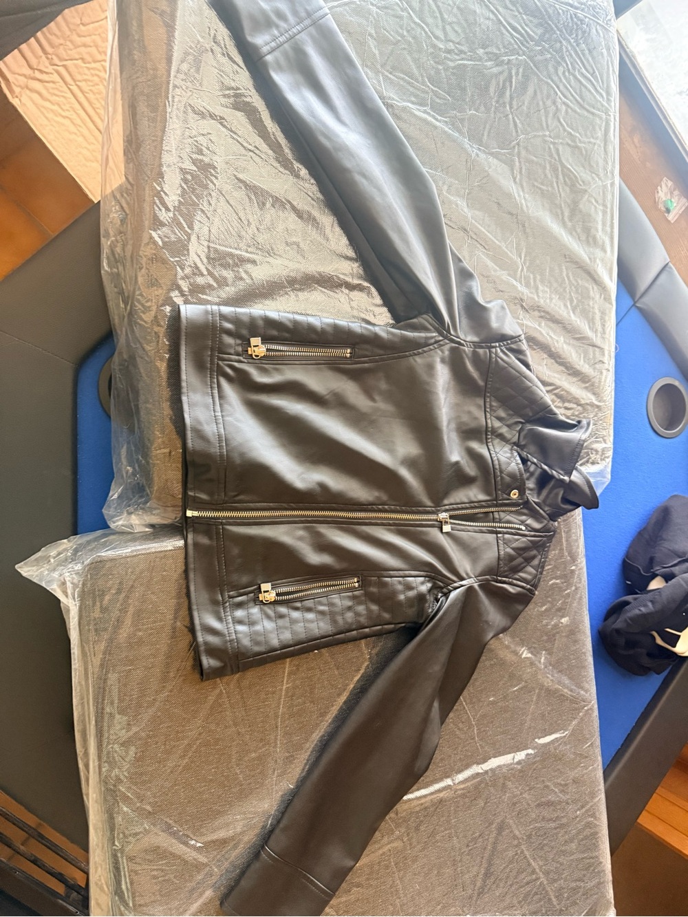 Women’s Black Faux Leather Moto Jacket with Gold Hardware